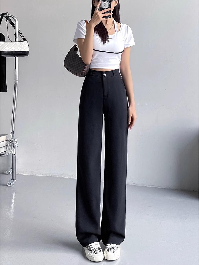 

2025 Spring Women s High-Waist Slimming Black Wide-Leg Pants - Petite, Floor-Length Straight-Leg Design XS