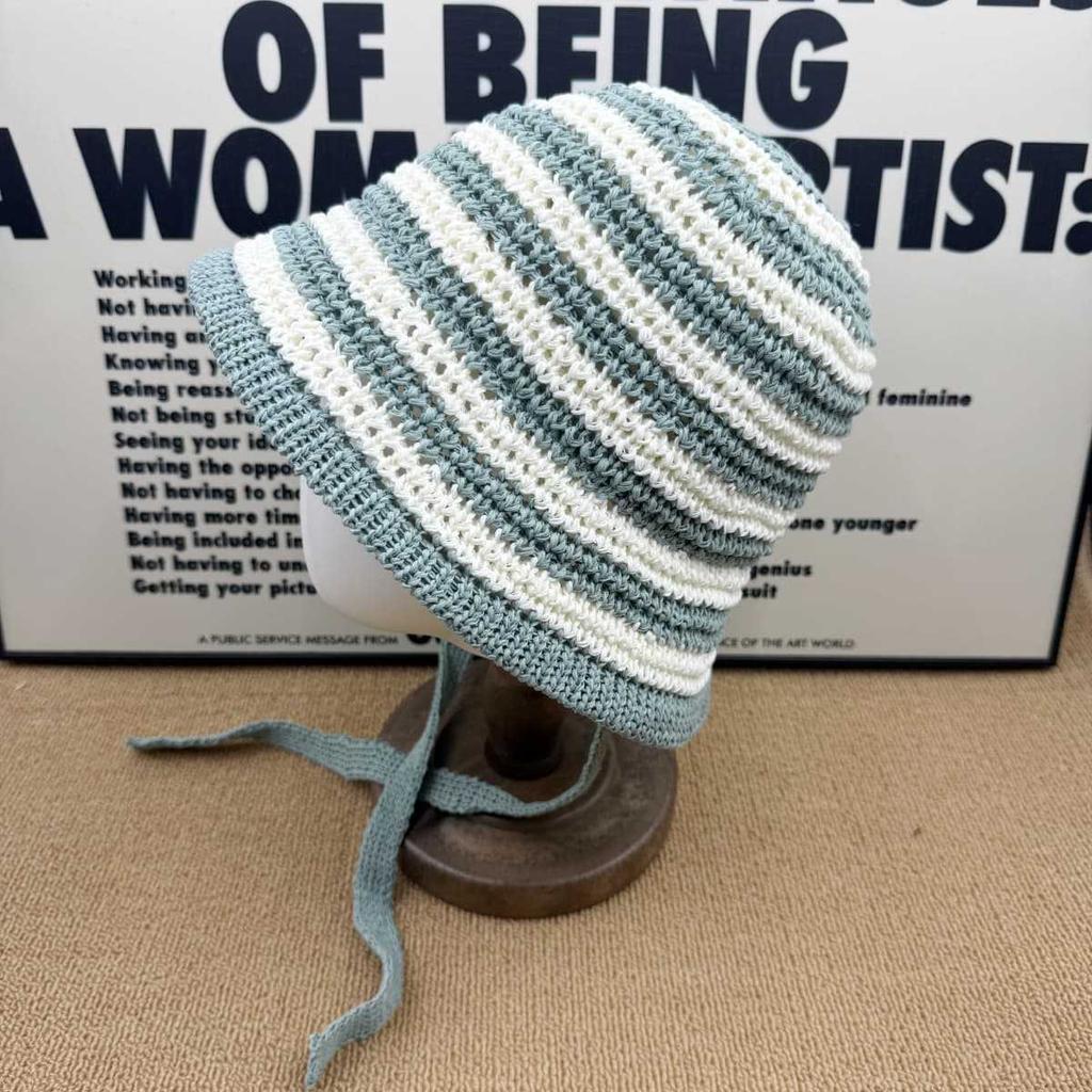 Striped strap knitted hat women's summer bucket hat breathable hollow face small versatile sunshade bucket hat