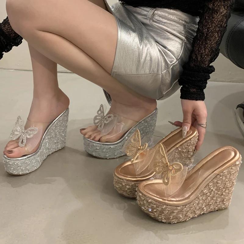 Eilyken Summer New Design Crystal Sequin Cloth Open Toe Slippers Platform Wedges Heels Women PVC Transparent Shoes
