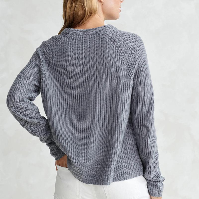 Pulover tricotat de damă toamnă/iarnă 2024, stil european și american, culoare uni, cu gât rotund și mâneci lungi