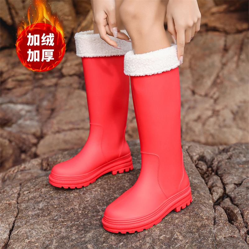 Winter velvet cover thermal rubber shoes women's seaside rain shoes fashion high tube cm platform rain boots exquisite women's water shoes
