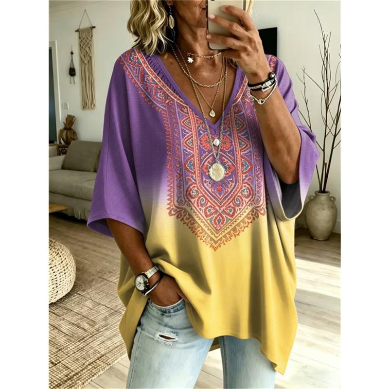 Printed Plus-Size Women's V-Neck Batwing Sleeve T-Shirt Bohemian Ethnic Print Loose Top Summer Comfortable Breathable Daily Commute Casual