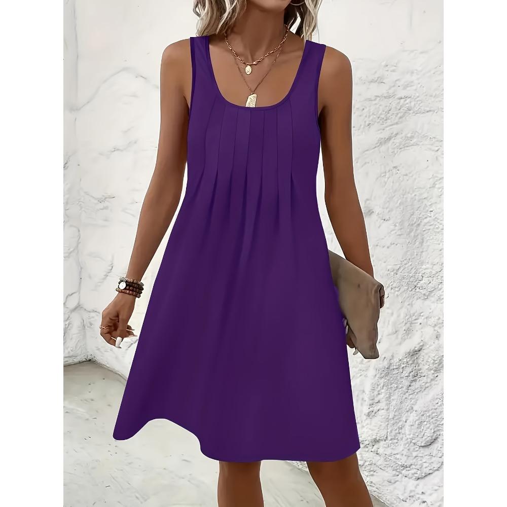 Women's U Neck Sleeveless A Line Mini Dress Solid Color Front Pleated Casual Tank Sundress