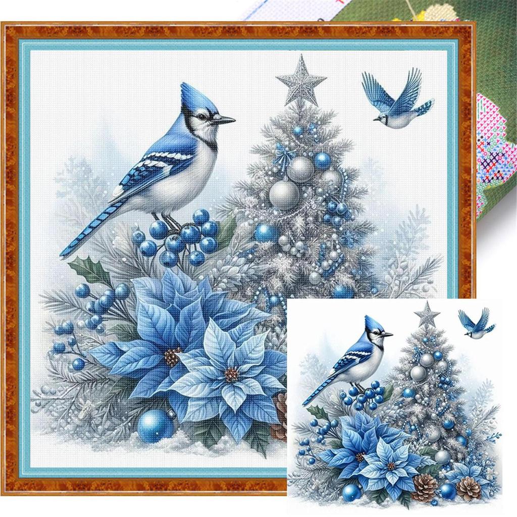 Christmas Bird Full 11CT DIY Stamped Cross Stitch Kits 15.75x15.75inch Printed Cross-Stitch Kits for Beginners Adults Home Decor