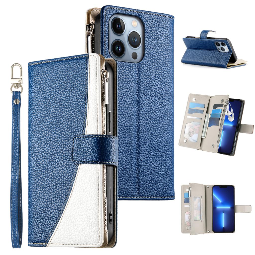 For iPhone 13 Pro Case Zipper Pocket Wallet Color Splicing Leather Flip Phone Cover with Straps