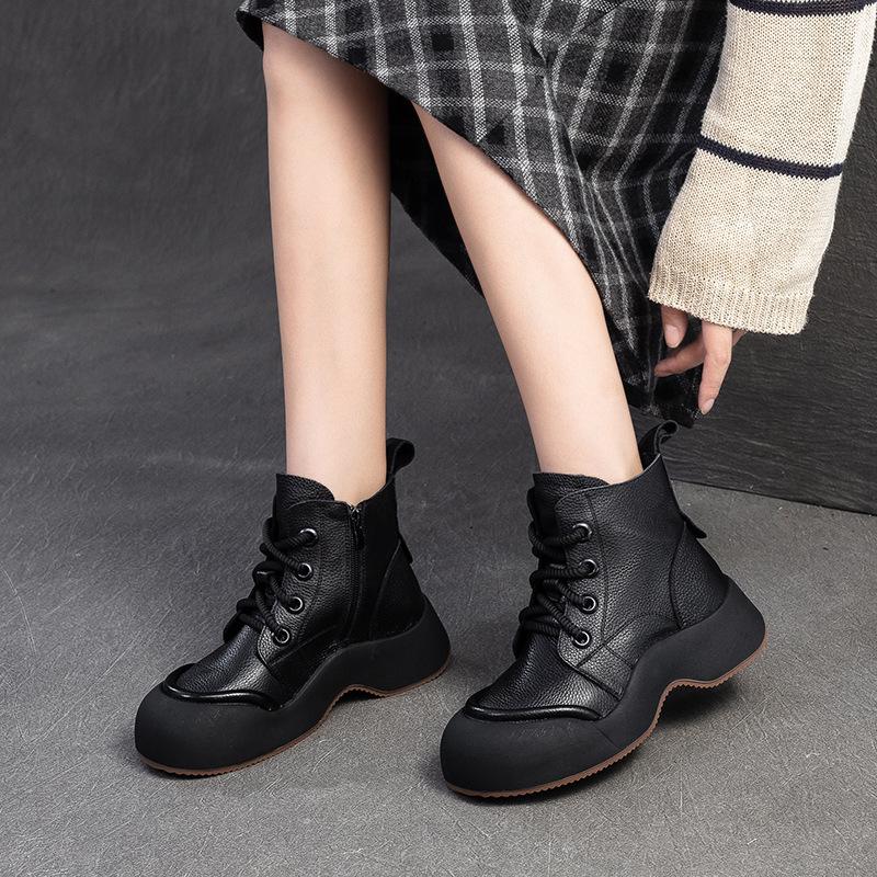 Fashion GKTINOO Genuine Leather Short Boots Casual  Women Flat Platform Shoes 2025 Autumn Winter New Thick Soled Comfortable Sneakers