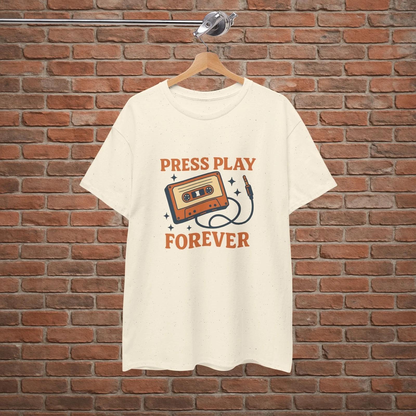 

Press Play Forever Cassette T-Shirt – Retro Music Graphic Tee Natural S to XL S