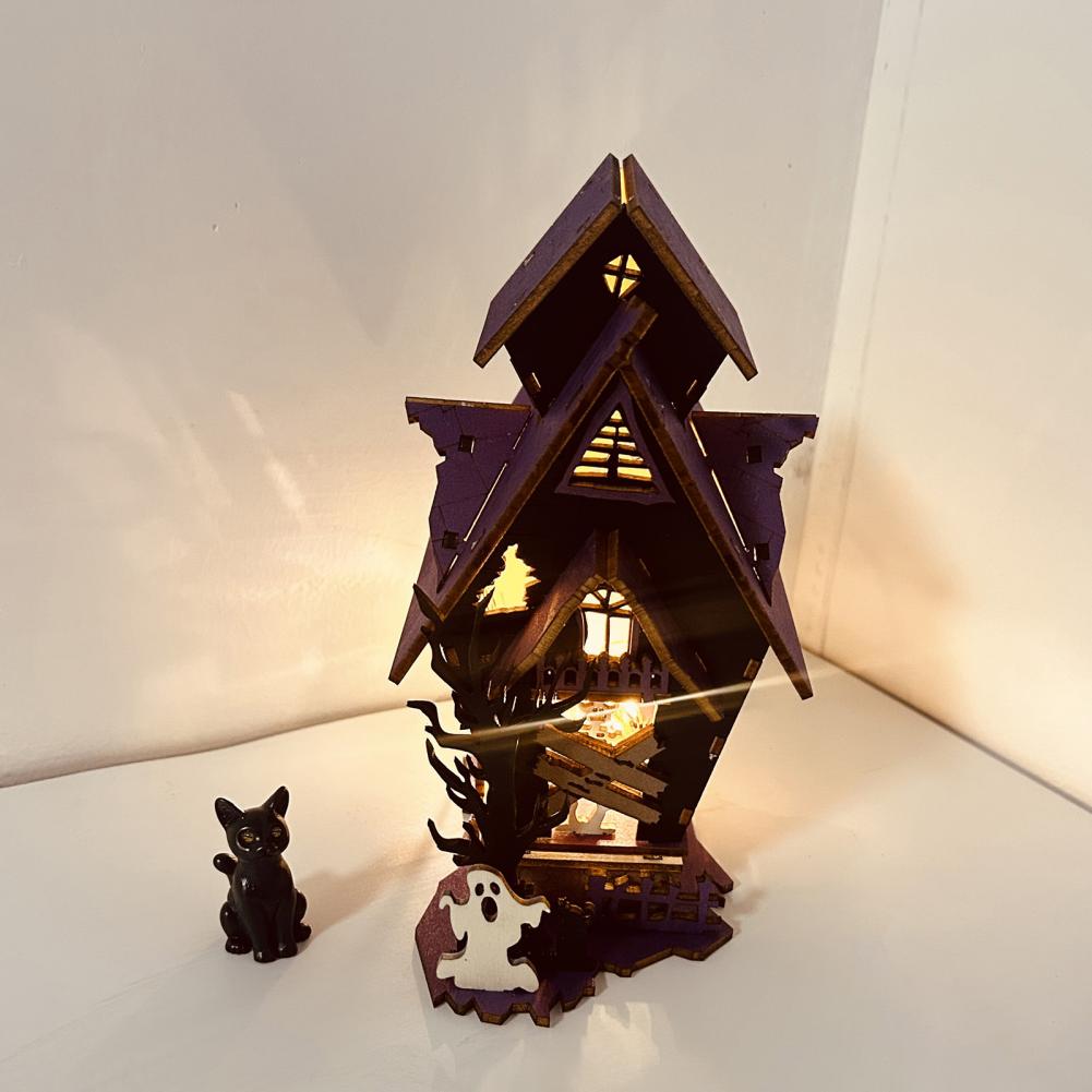 3d Haunted House Model Halloween Wooden Puzzle Diy Haunted House Wooden Puzzle Kit with Light-up Ghosts for Halloween Party