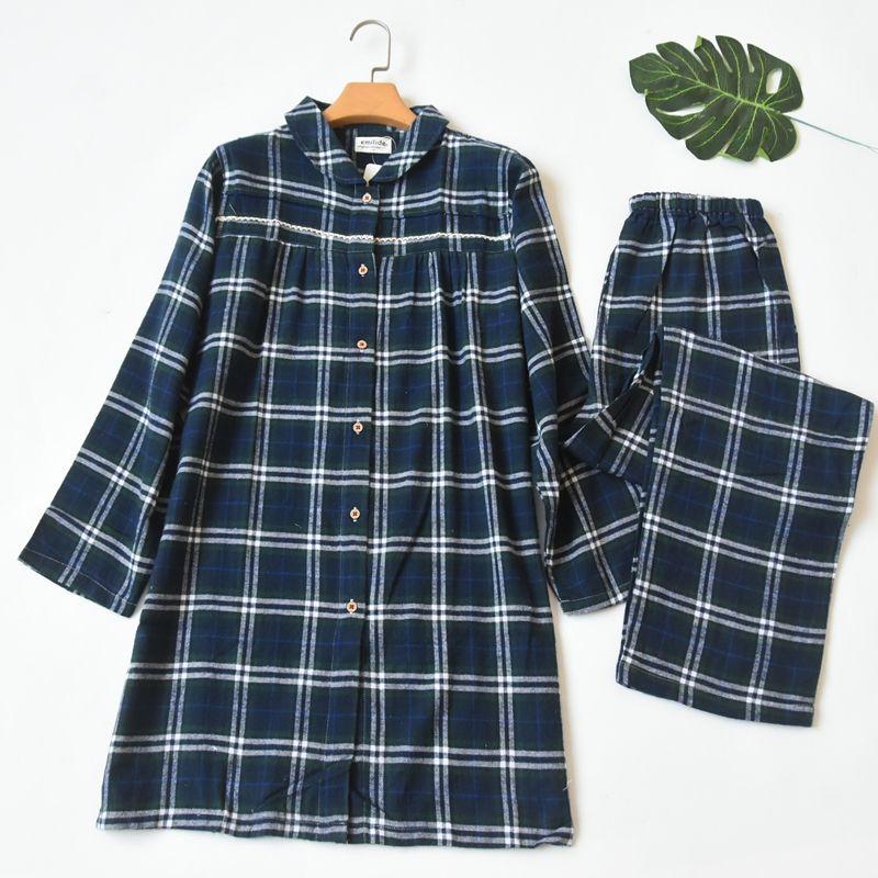 

Nightdress + Pajama Pants Export Japanese Single Women s Woven Pure Cotton Gingham Pajamas Suit Spring & Fall Cotton Long Sleeves Homewear Dark blue Cardigan Suit M