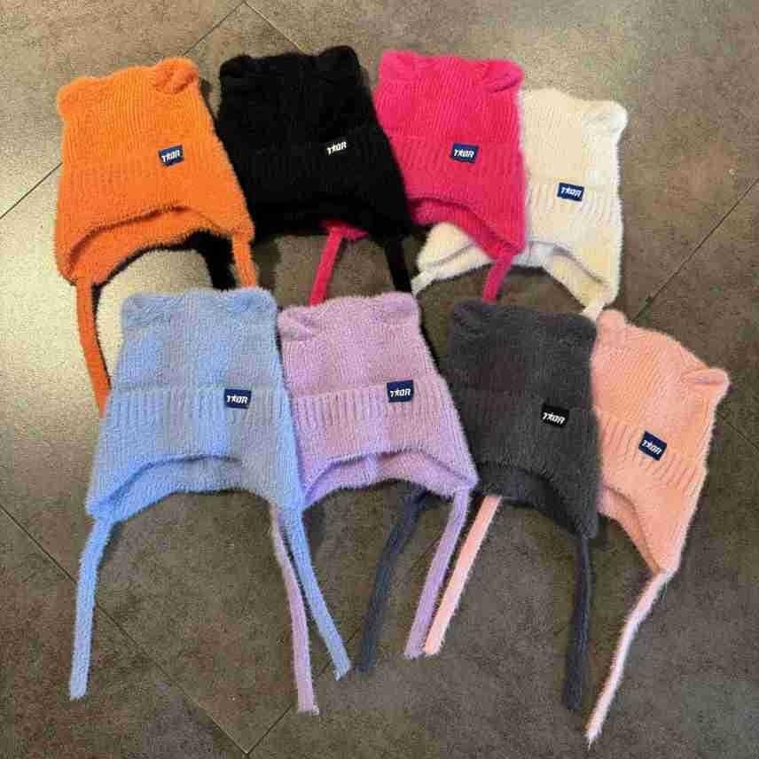 Candy Colored Sweet Cat Ear Shaped Women Warm Knitted Hat With Ear Protection