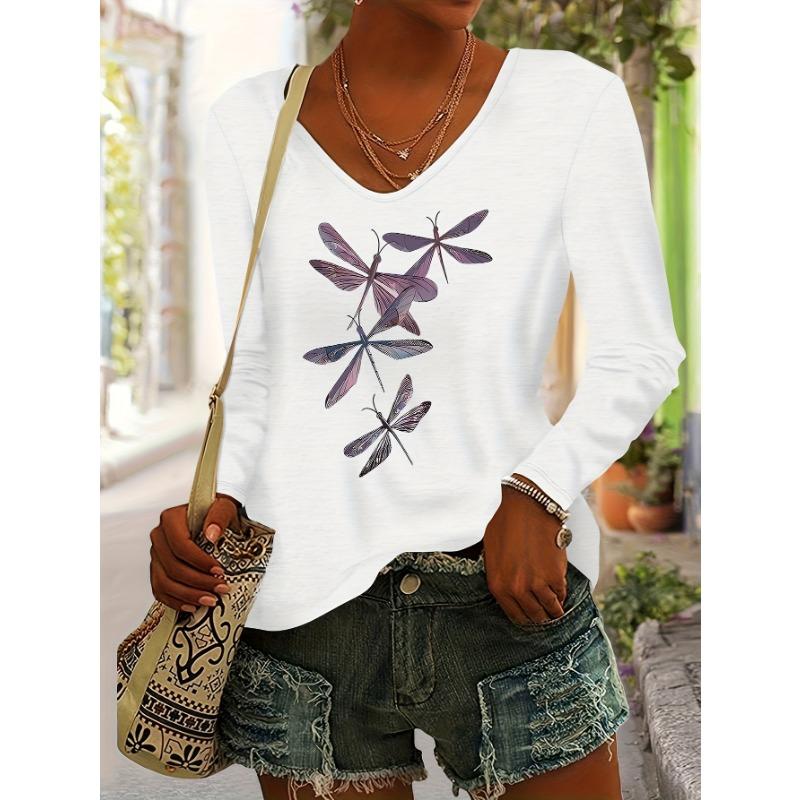 Dragonfly Print Women's Autumn/Winter Top, Daily Versatile Casual Fashion Color V-Neck Long Sleeve T-Shirt