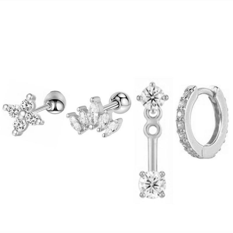 Set de 4 Pendientes Aro Huggie Circulares de Acero Inoxidable para Mujer Color Dorado Único Pendiente de Flor con Circonita Joyería para Piercing