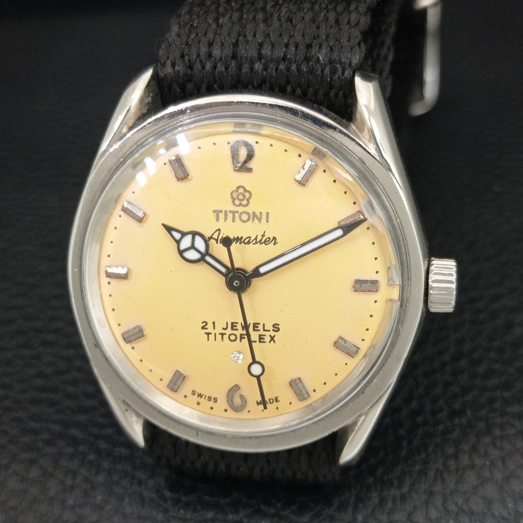 Titoni AIRMASTER TITOFLEX HANDAUFZUG VINTAGE SCHWEIZER HERREN GELBE UHR a705115-1
