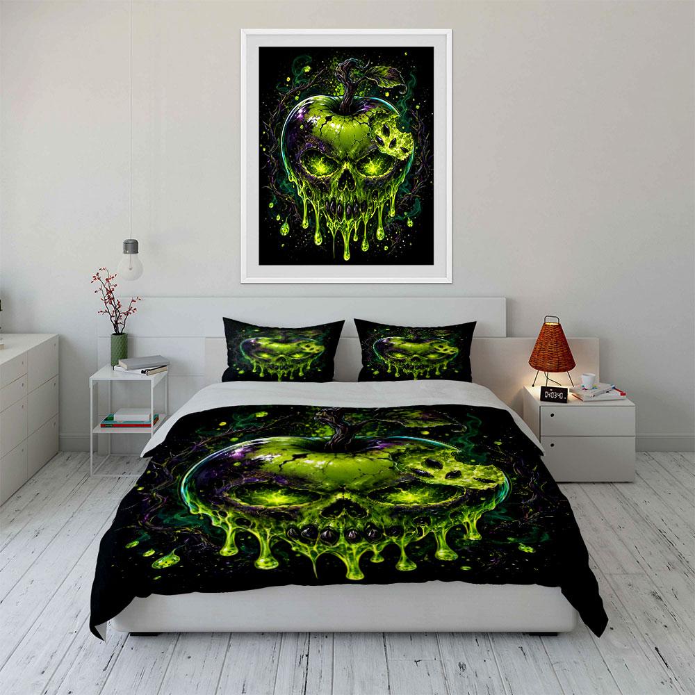 "Green Glowing Skull Apple Art" Bedding Duvet Cover Set  (1*Duvet Cover 2*Pillowcases, without duvet insert)