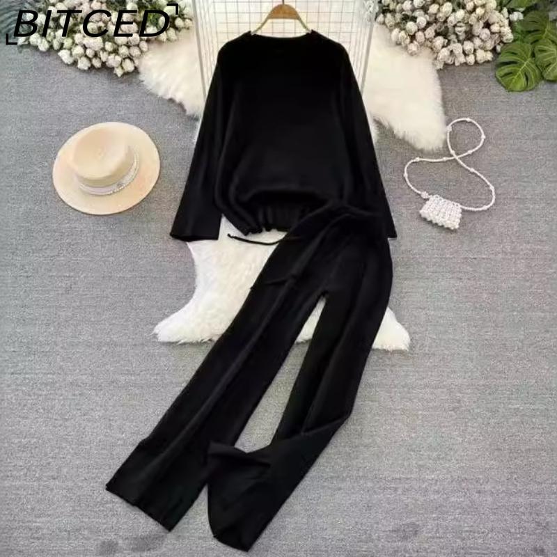 BITCED Fashionable Women's Spring and Autumn Long-sleeved, Round-neck, Loose Knitted Sweater, Two-piece Set, High-waisted, Straight-leg Wide-leg Pants