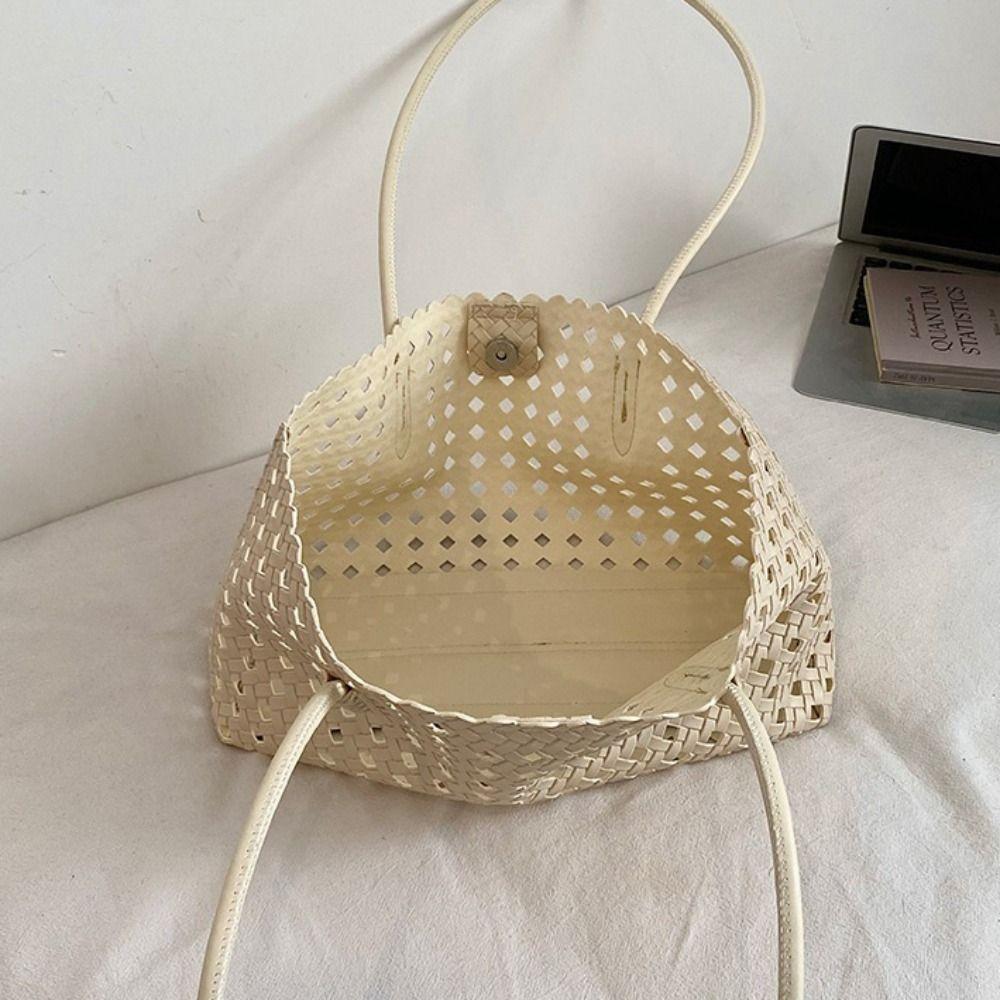 Foldable Hollow Out Weave Bag Large Capacity Beach Handbag Trendy Leather Woven Tote Bag Girls
