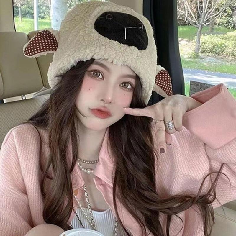 Plush Sheep Hat Sheep Ear Hat Cute Funny Beanie Sheep Ear Plush Beanie Little Devil Hat Skullies Beanie  Girl Funny Hat