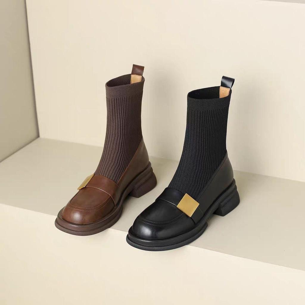 Women's Knitted Stretch Slimming Chunky Heel Ankle Boots, 2025 Autumn/Winter Retro Brown Mid-Heel Martin Loafers.