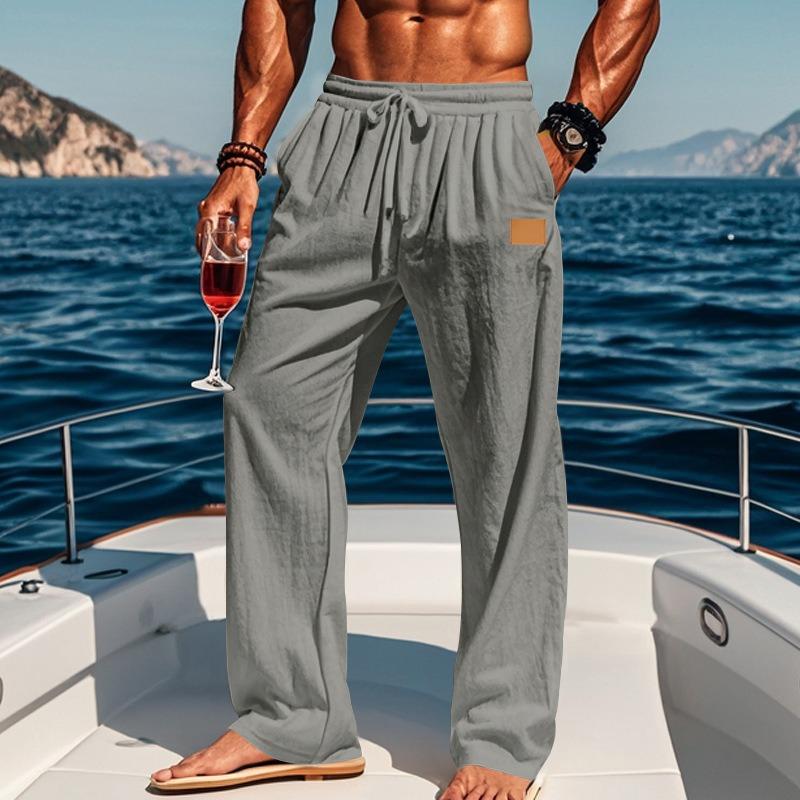 Men Thin Linen Cotton Straight Casual Long Trousers For Daily Beach Wear