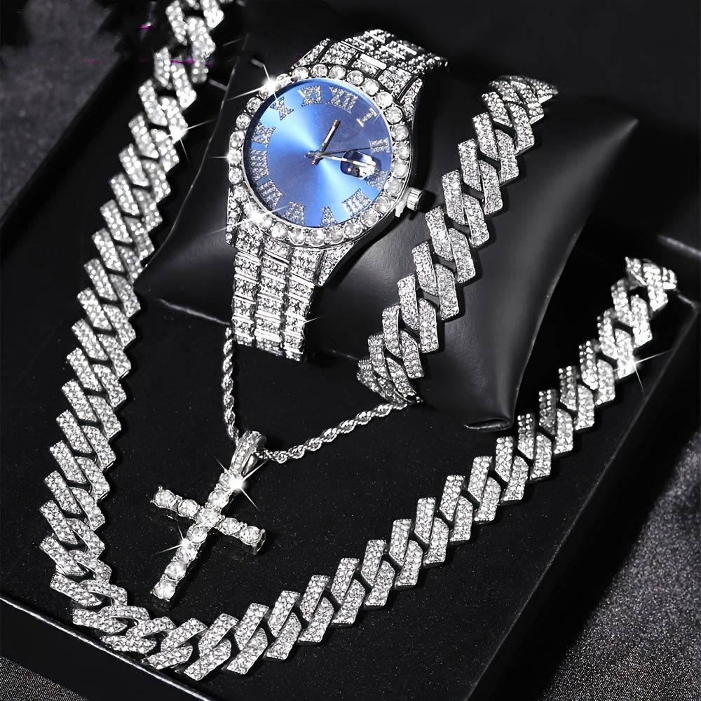 4pcs/set Men Bling Wrist Watch Hip Hop Cuban Chain Necklace Set Round Dial Rhinestone Quartz Watches Cross Pendant Punk Jewelry