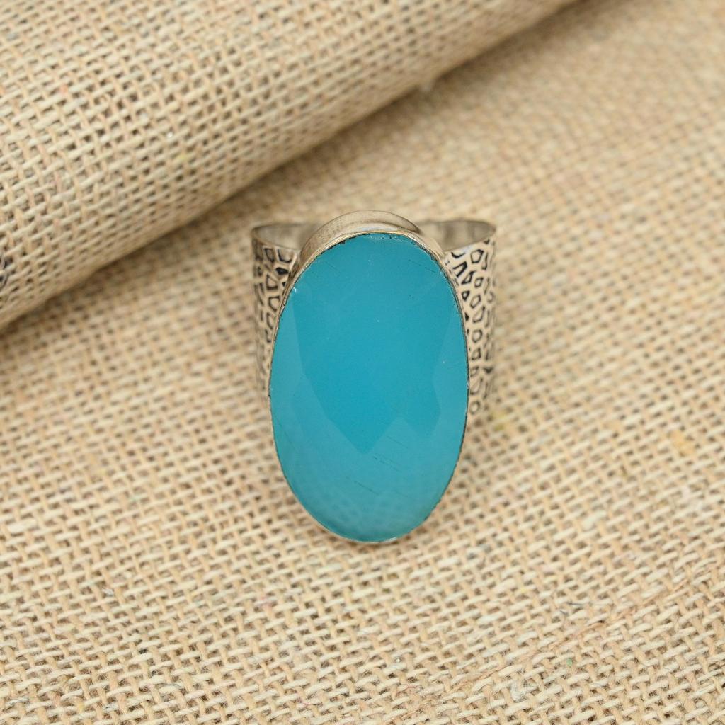Blue Chalcedony Gemstone Solid 925 Sterling Silver Jewelry Oval Shaped Handmade Ring
