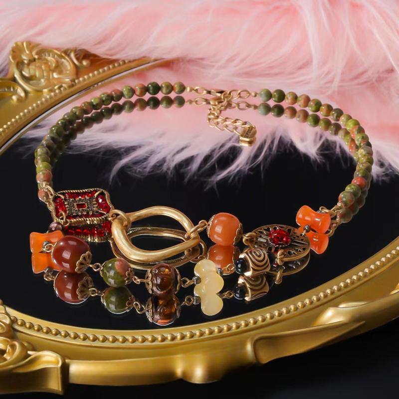 Fashion Retro Style With Auspicious Patterns Glass Flower Women'S Necklace Earrings Bracelet Jewelry Set