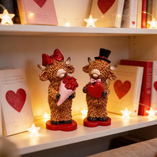 2 Pcs Valentine's Day Highland Cow Figurine Cute Love Scottish Cow Statue with Roses And Heart Romantic Farmhouse Tabletop Decoration