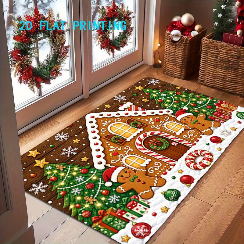Christmas Gingerbread House Decorative Doormat, Soft Non-Slip Entryway Rug, Festive Party Decorative Mat, Home Decor