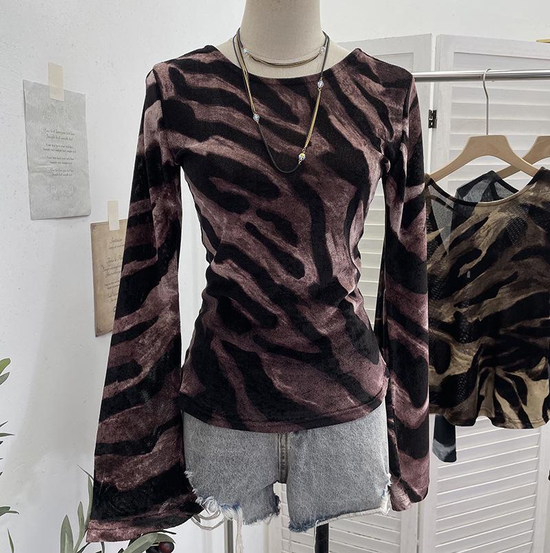 

Women s Exotic Backless Leopard Print Lace-Up Long Sleeve Slim Fit Top One Size темно-червоний колір