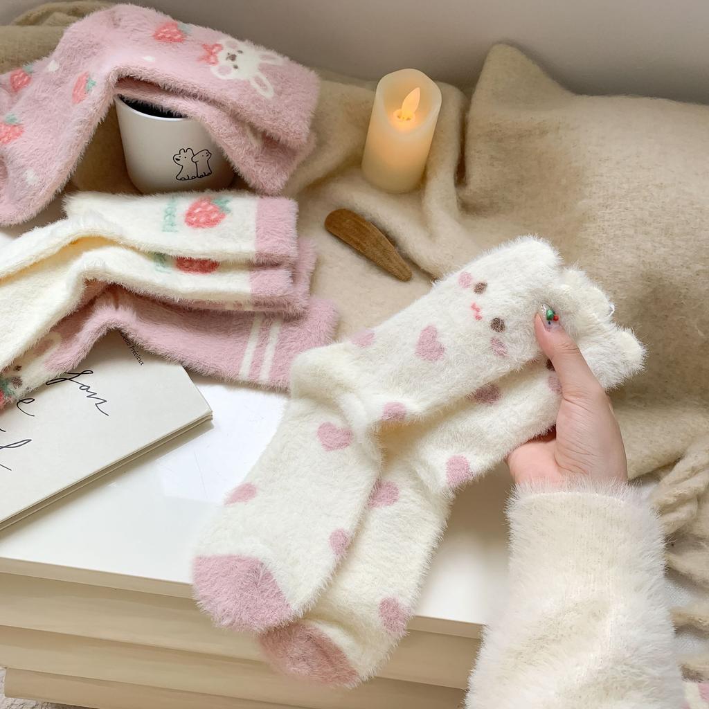 Pink Mink Fleece Socks Winter Thickening Comfortable Plush Mid Socks Thick Warm Cute Strawberry Bunny