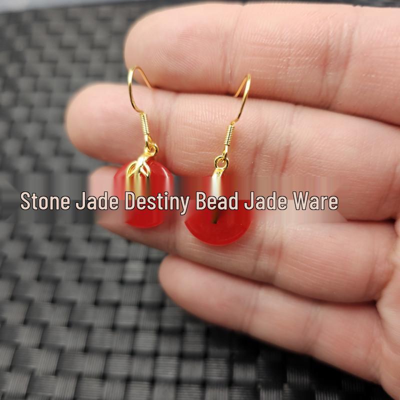 Chicken Blood Red Jade Earrings: Quartzite Jade with Golden Branch Leaf and Coin Buckle Pendant