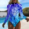 Women Long Sleeve One Piece Swimsuit Zip Front  Ink Stain Print Rash Guard Surfing Bathing Suit