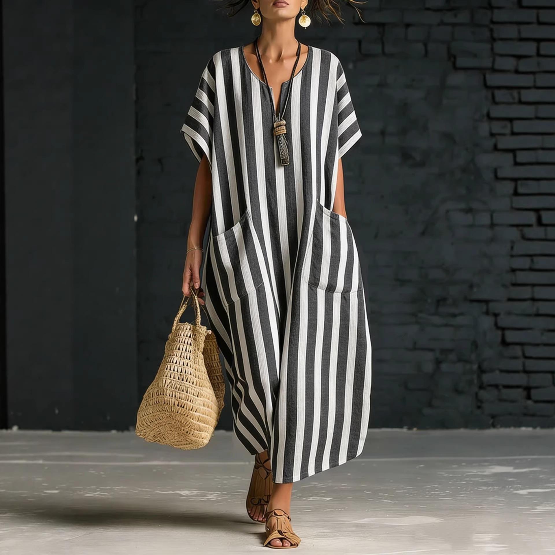 Women s Cotton Linen Striped Maxi Dress V Neck Short Sleeve Loose Oversized with Pockets Summer Casual Vacation Long Dress S чёрный