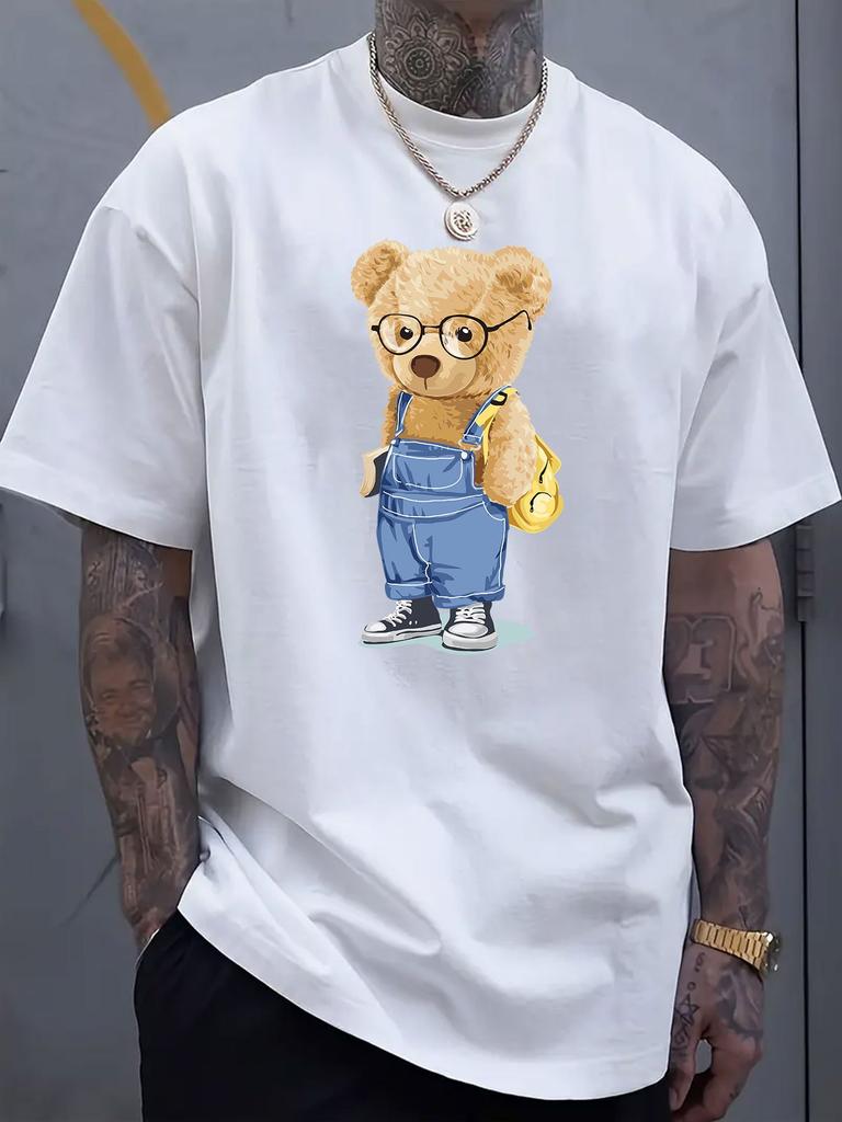 Cartoon Bear Graphic Printed Short-sleeved Cotton T-shirt, Summer Unisex, Casual, Loose-fitting, Clothing for Men and Women