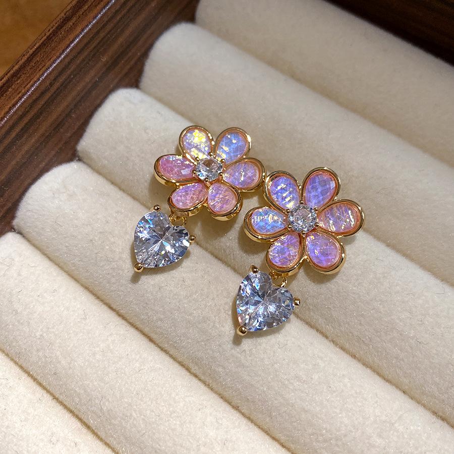 Silver needle zircon resin flower love water drop stud earrings small fresh sweet exquisite earrings light luxury high-end earrings