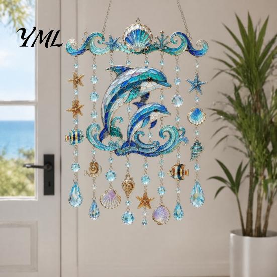 Stained Glass Acrylic Ornament Ocean-Themed Wind Chime Decoration, Animal Hanging Sun Catcher with Faux Crystal Drops, Beach House Wall Ornaments for