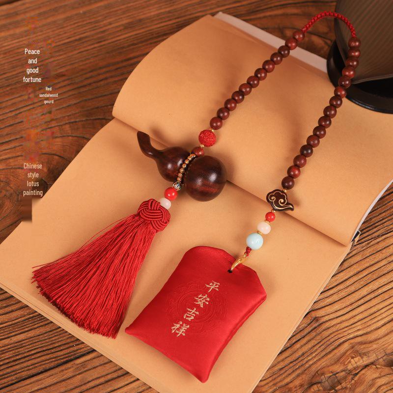 "Chinese Sandalwood Fortune Gourd Car Pendant for Safe Travel - High-End Car Accessory for Men and Women"
