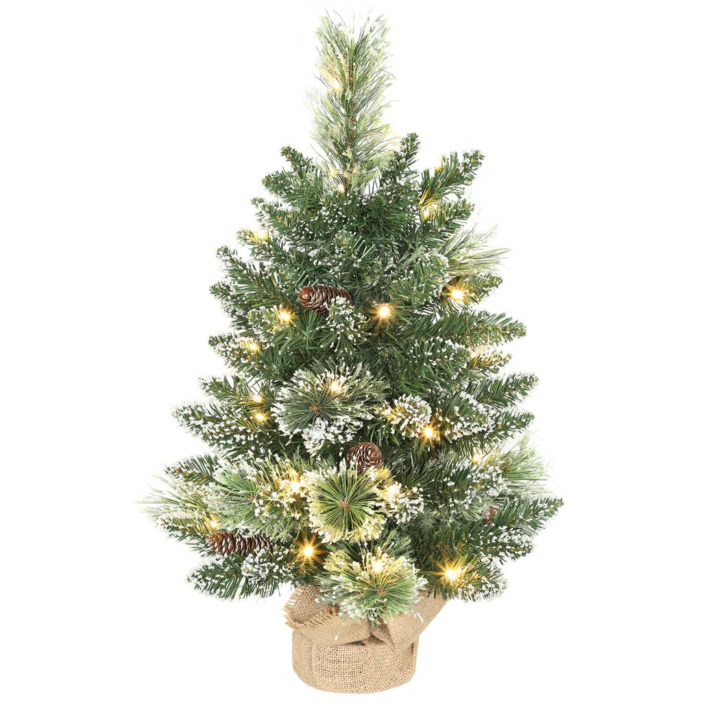60 cm Prelit Small Christmas Tree, Snow Flocked Tabletop Mini Xmas Tree with 35 LED Lights, Pine Cones and Linen Cover Base, Battery Operated, Green