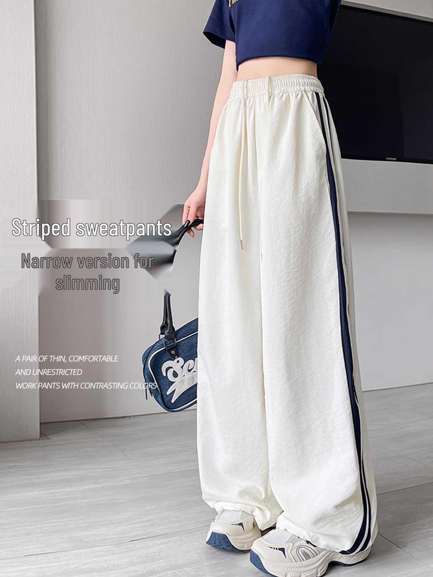

Women s Striped Wide-Leg Sweatpants - Spring/Summer Quick-Dry, Convertible Loose Fit with Drawstring. Medium