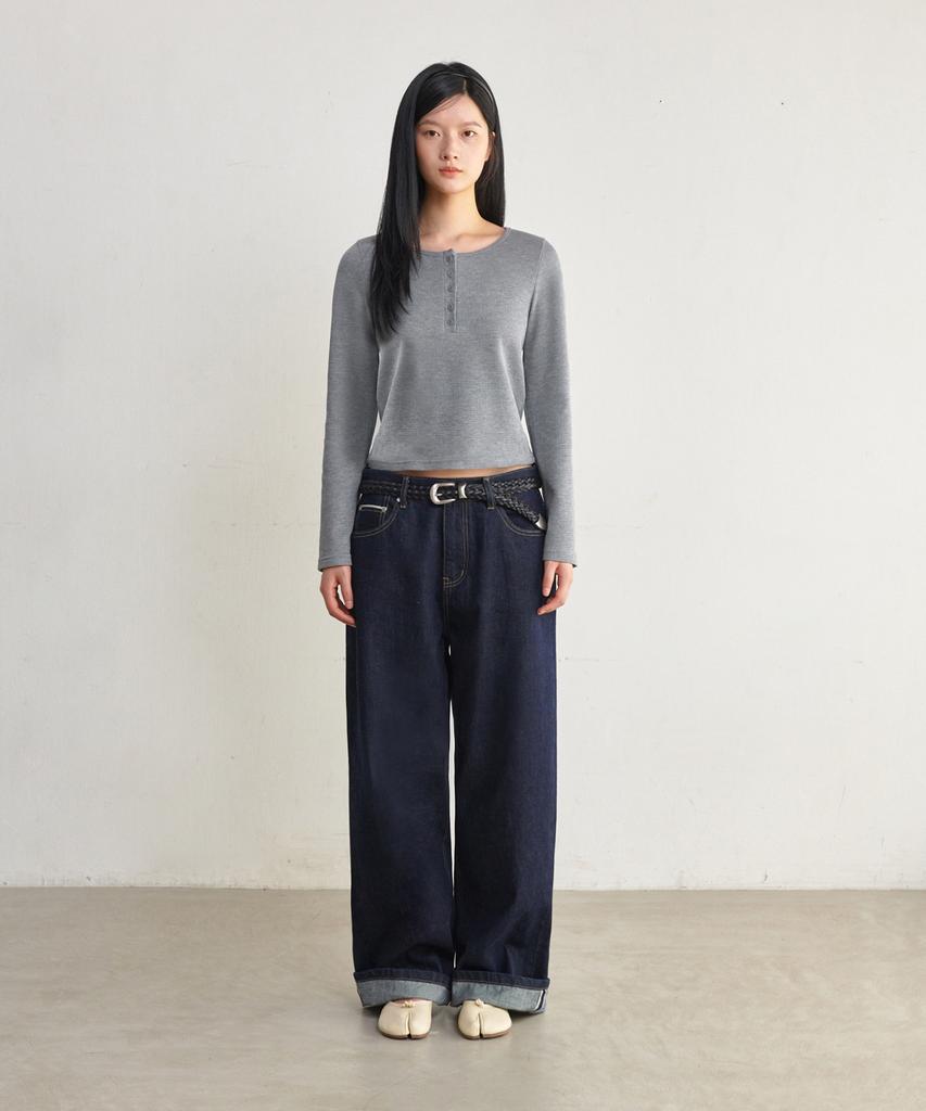 GLW [W] Steady Waffle Slim Henley Neck T-Shirt Gray