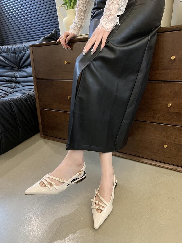 fashion Pointed Toe Women Sandals Narrow Band Low Flat Heeled Pink Black White Back Belt Buckle Summer Sandals Mules Shoes Woman Size 39