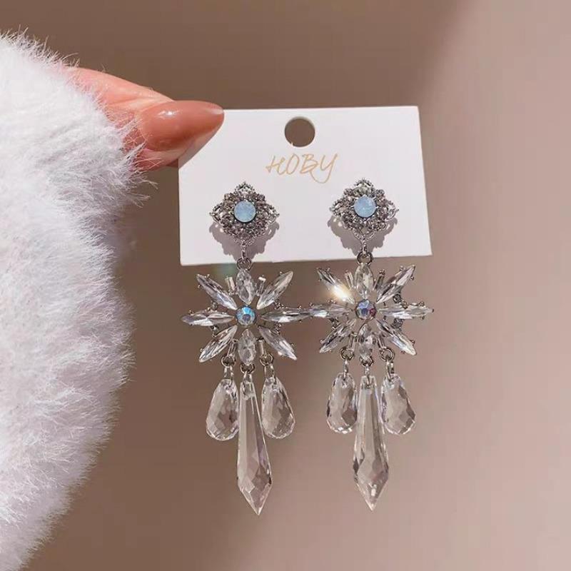 Silver Needle Diamond Flower Water Drop Tassel Earrings Exaggerated Earrings Light Luxury Premium Earrings Women