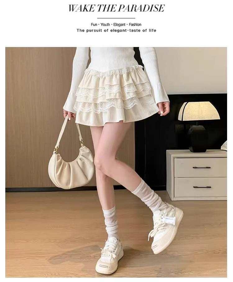 White Lace High-Waisted A-line Pleated Petite Ballet Skirt for Women - Spring/Autumn Short Fluffy Half Skirt