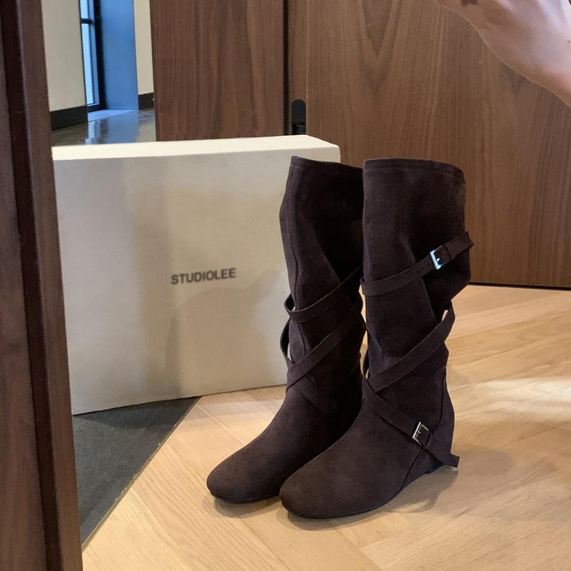 

New Pile Boots Women s Height Increase M Versatile Round Head Buckle Soft Folds Skinny Medium Knight Boots 40