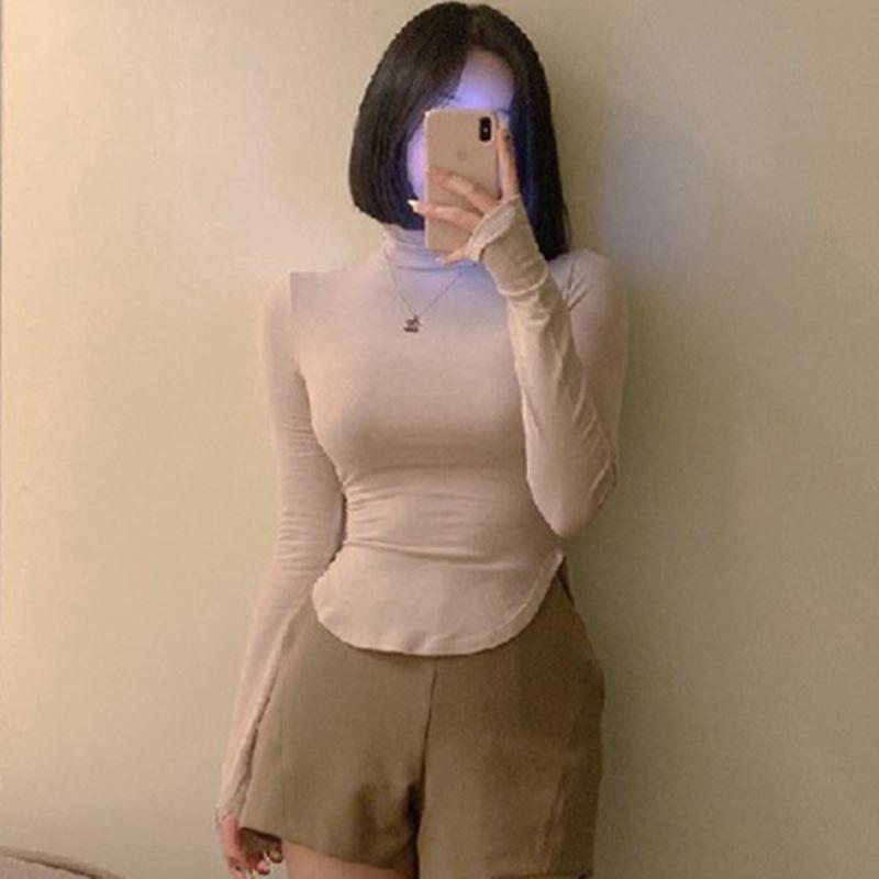 Elegant Thin Slightly See-Through High Neck Long Sleeve T-Shirt for Women - Figure-Flattering Autumn/Winter Style