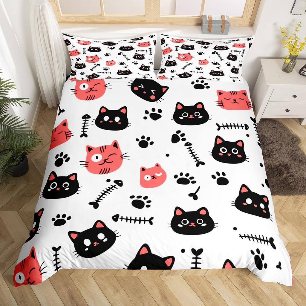 Roztomilý potisk kočičí tlapky Povlak na peřinu Kawaii kočky Sada povlečení Zábavný koťátko Ryba Potah na přikrývku Kreslené zvíře Polyesterový potah na přikrývku