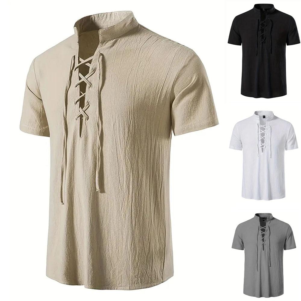 Men's Retro Shirt Short Sleeve Cotton Linen Lightweight Breathable Solid Color Fashion Tops Pirate V-neck Male Stylish Shirs