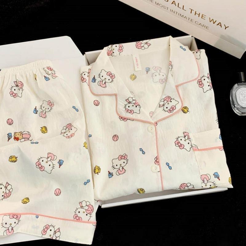 

Japanese cartoon full print Hello Kitty pajamas women s summer short-sleeved shorts cardigan two-piece girl casual loungewear S