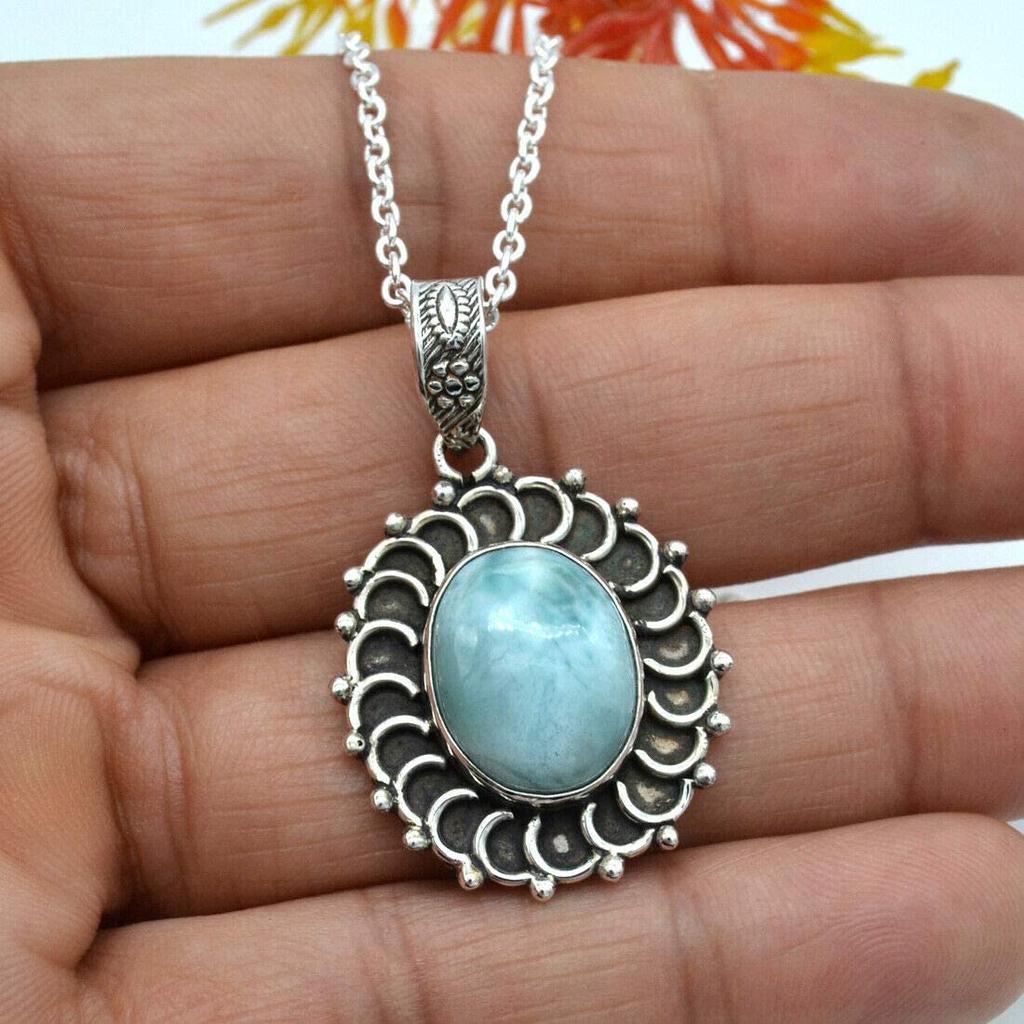 925 Sterling Silver, Natural Larimar, Women Necklace, Gemstone Jewelry, Boho jewelry, Wedding Gift, Silver Charm Jewelry