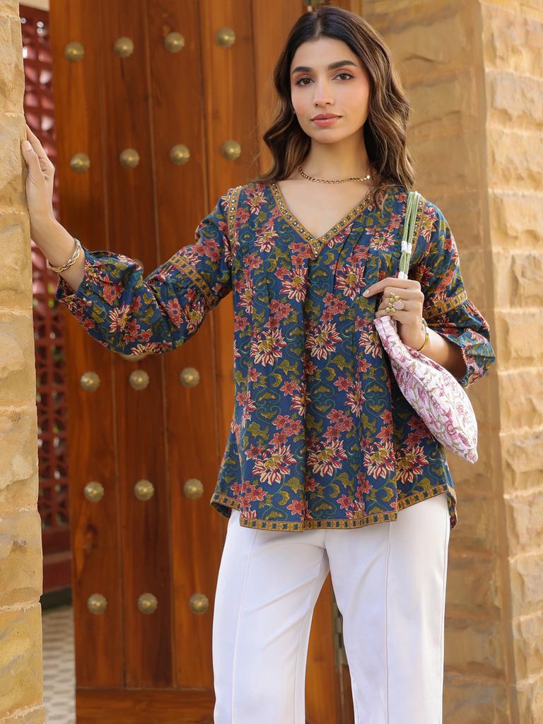 Blue Floral Printed V-Neck Pintuck Cotton Top